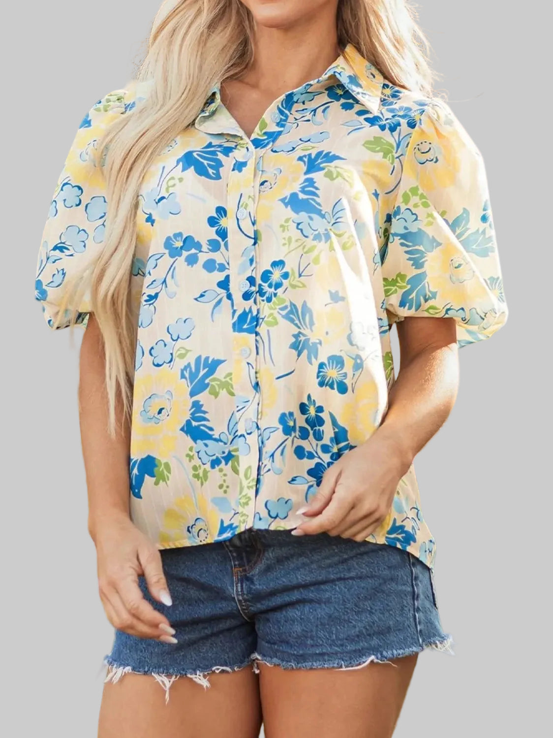 Printed Puff Sleeve Button Down Summer Shirt nicholesgifts
