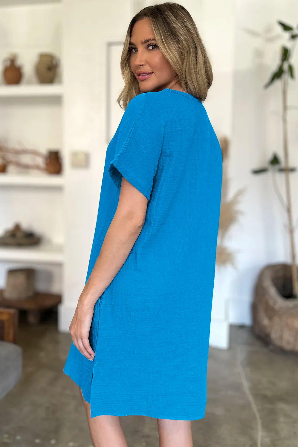 FAM-FAM Slit Notched Short Sleeve Mini Dress Trendsi