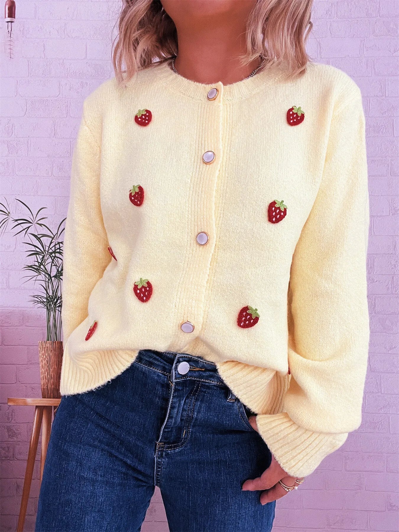 Strawberry Button Up Long Sleeve Cardigan Trendsi