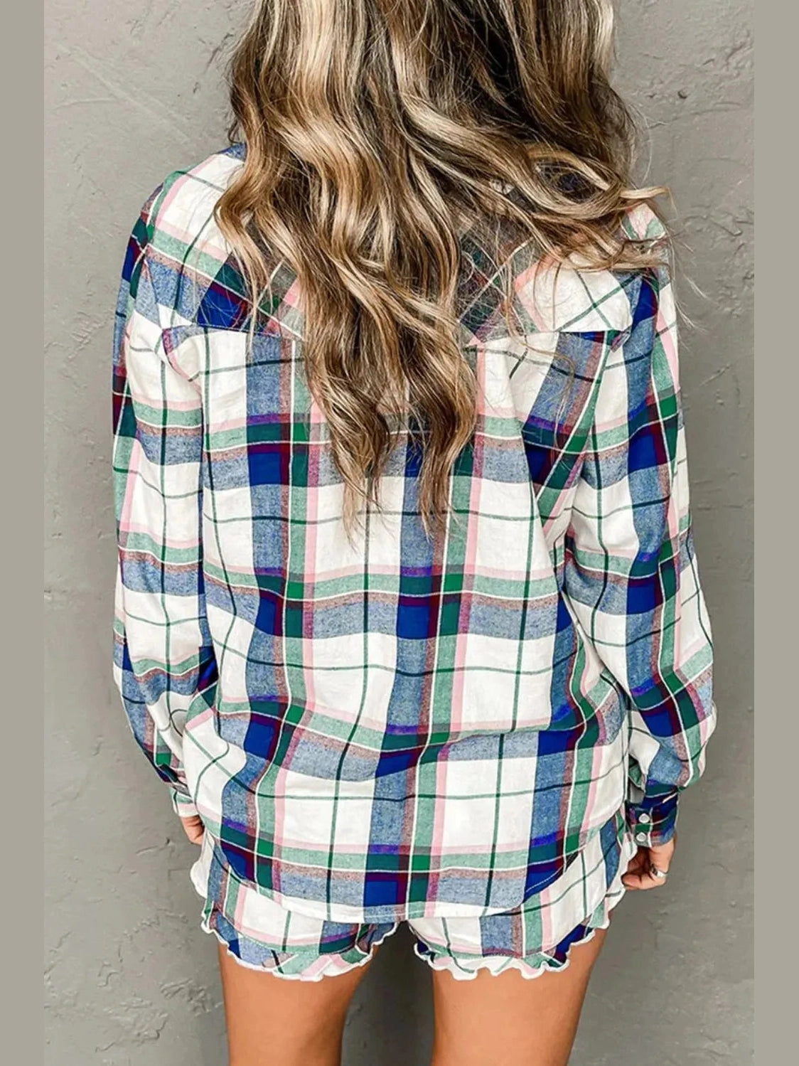 Plaid Snap Down Long Sleeve Top and Shorts Lounge Set nicholesgifts