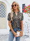 Women Ruched Printed Notched Short Sleeve Blouse nicholesgifts