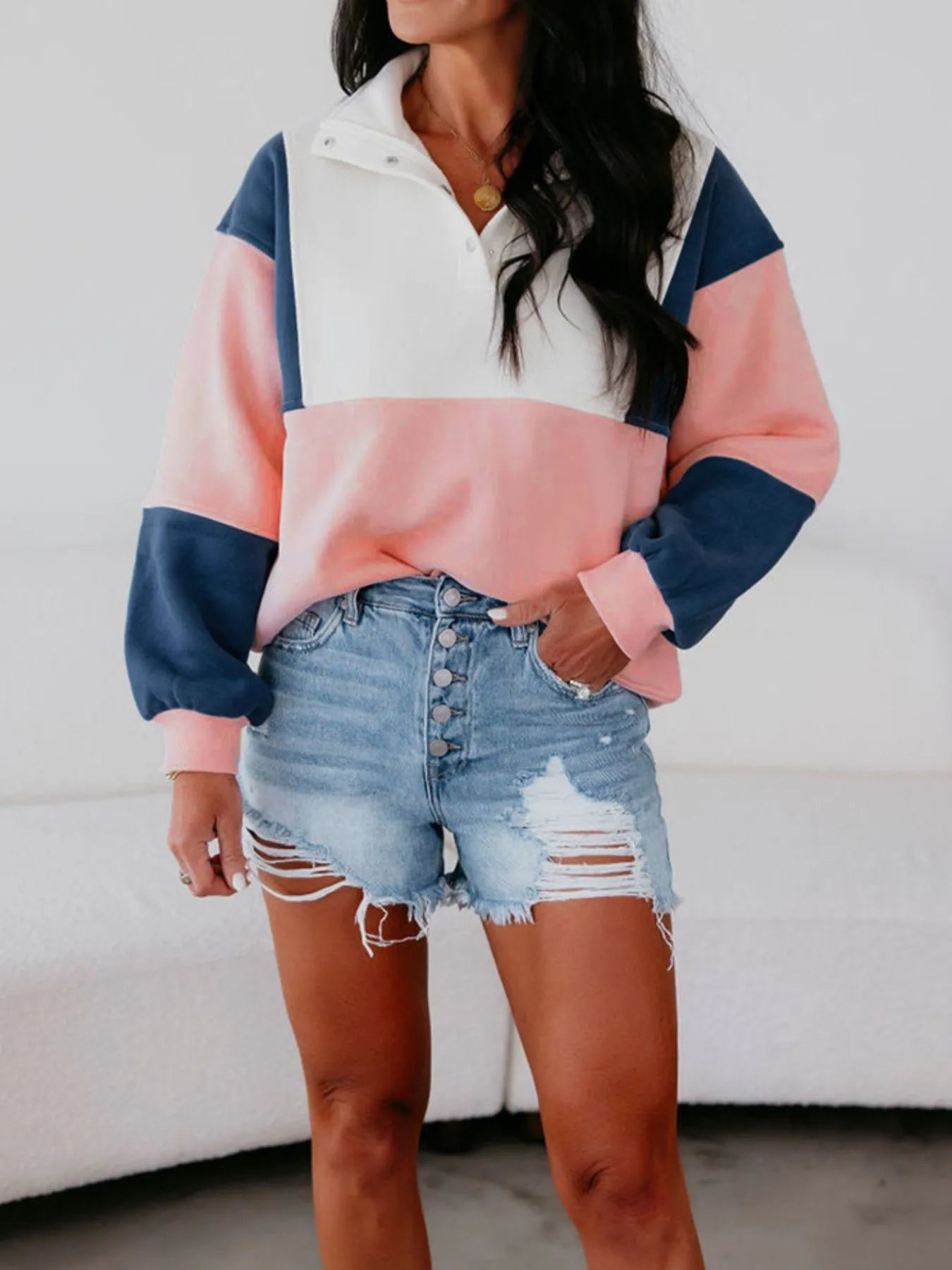 Colorblock Patchwork Half Button Baggy Sweatshirt