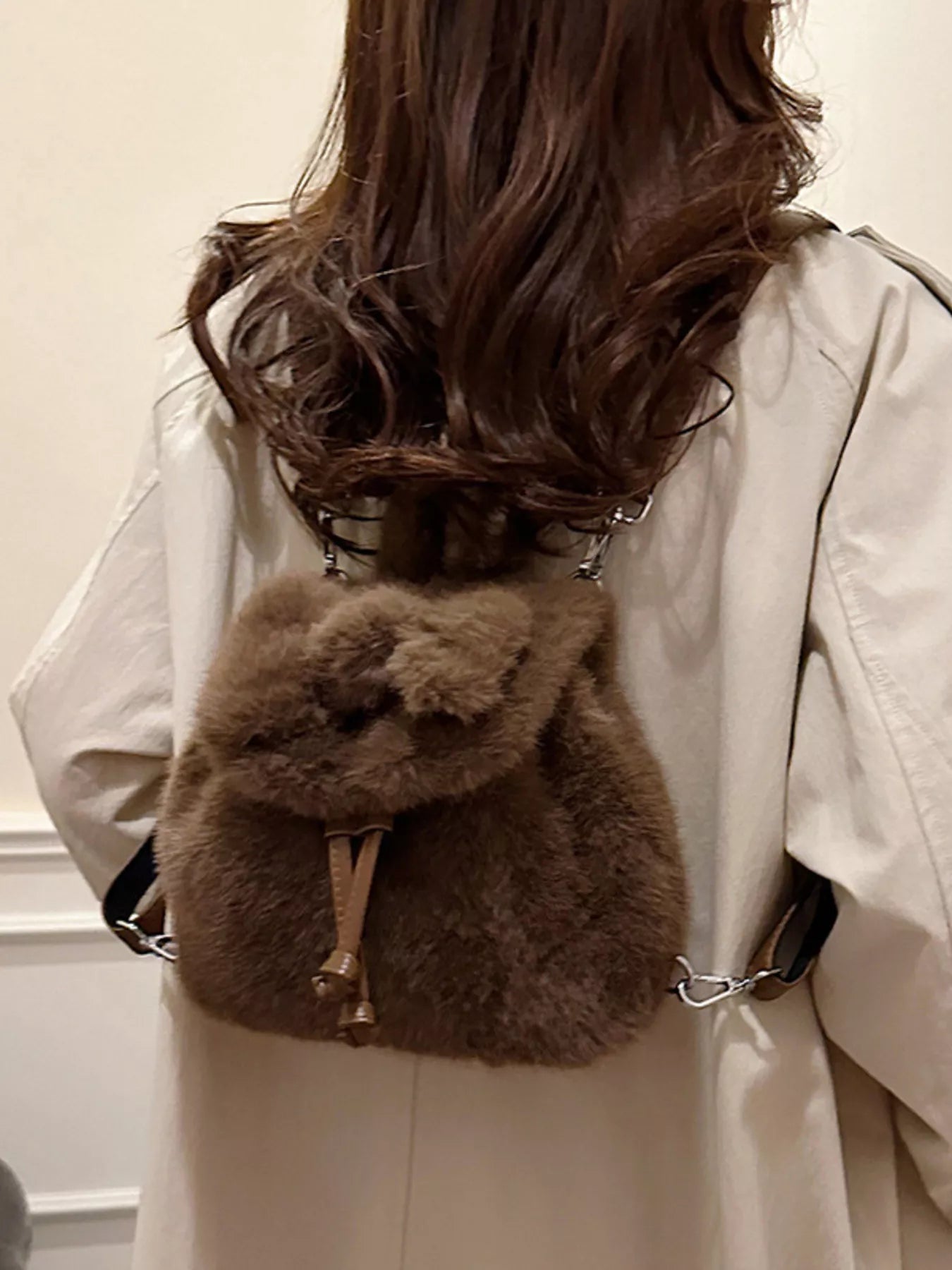 Fuzzy Plush Drawstring Backpack Bag nicholesgifts