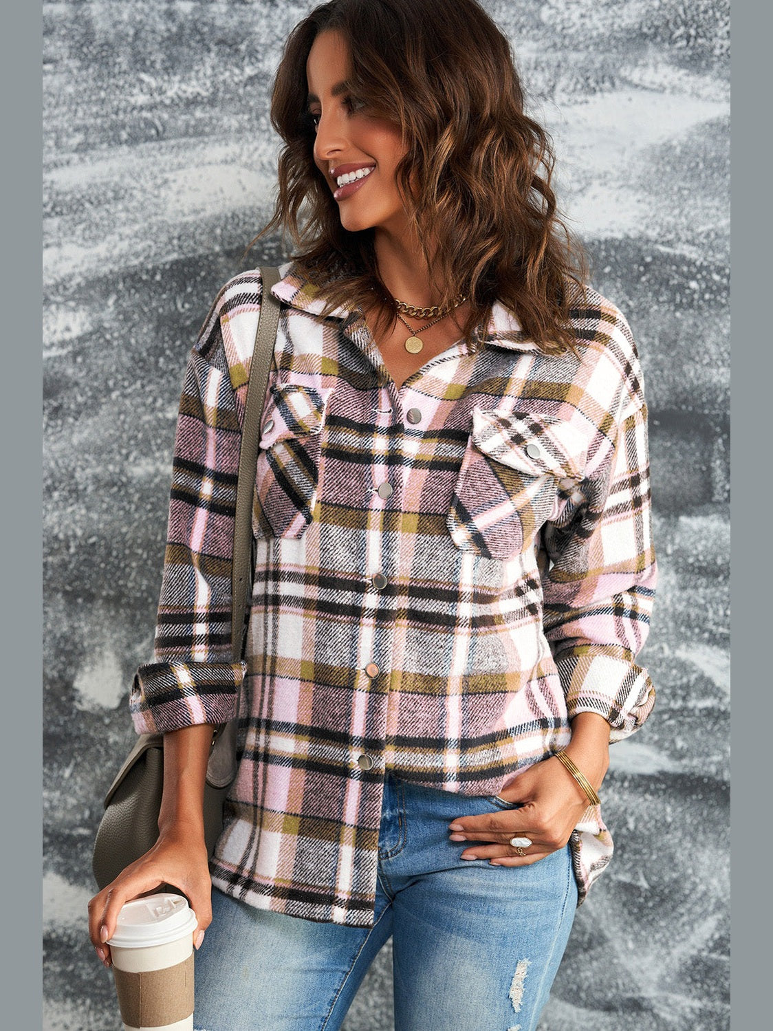 Plaid Button Front Shirt Jacket with Breast Pockets nicholesgifts