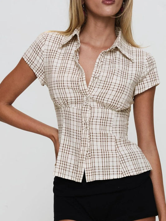 Plaid Short Sleeve Button-Up Shirt Trendsi