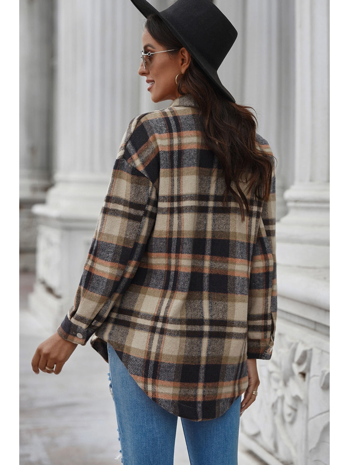 Plaid Curved Hem Dropped Shoulder Longline Shirt Jacket nicholesgifts