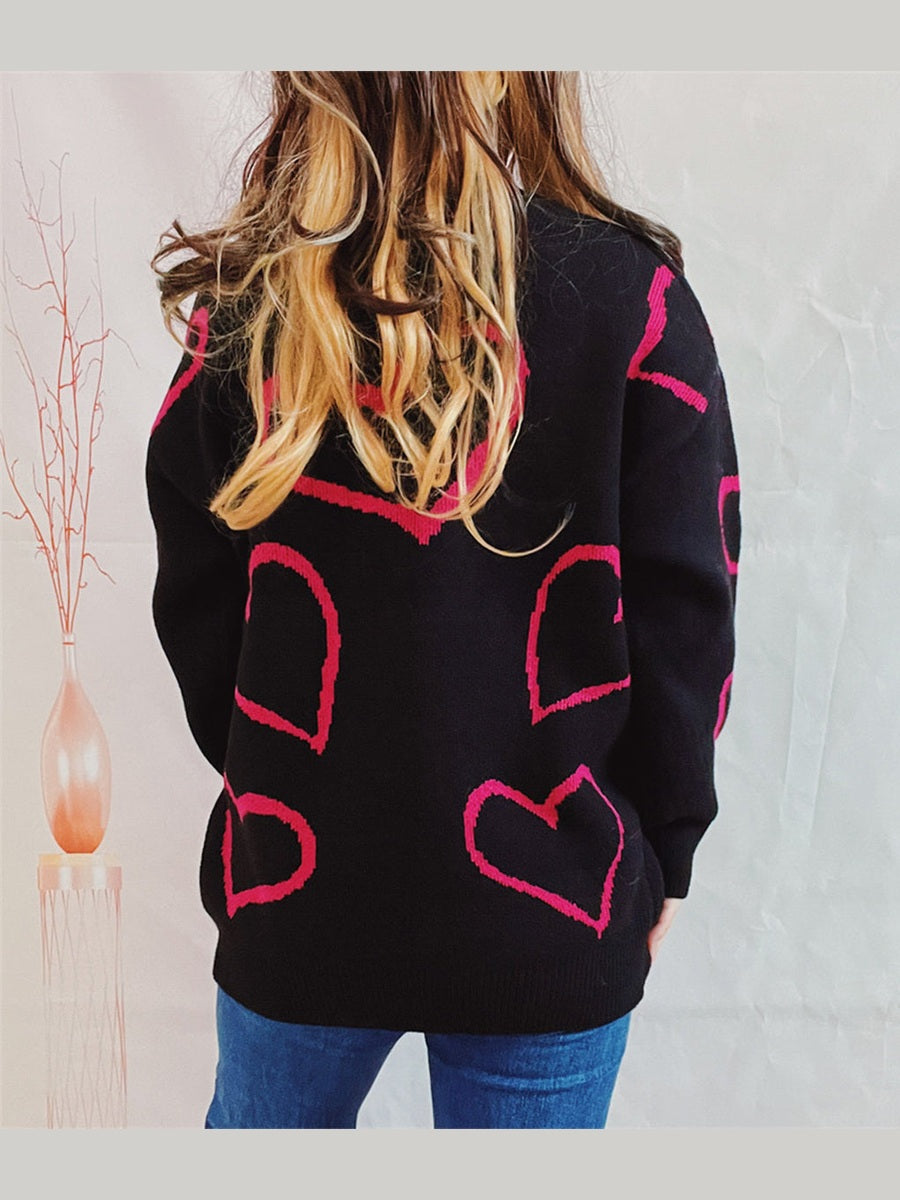 Heart Pattern Long Sleeve Sweater Trendsi