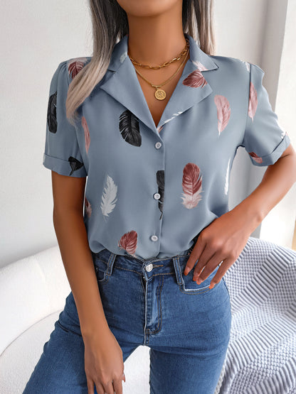 Feather Print Lapel Collar Puff Sleeve Shirt nicholesgifts