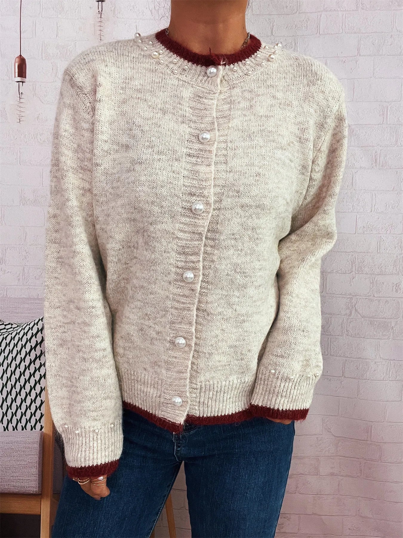 Pearl Embellished Button-Front Cardigan Trendsi