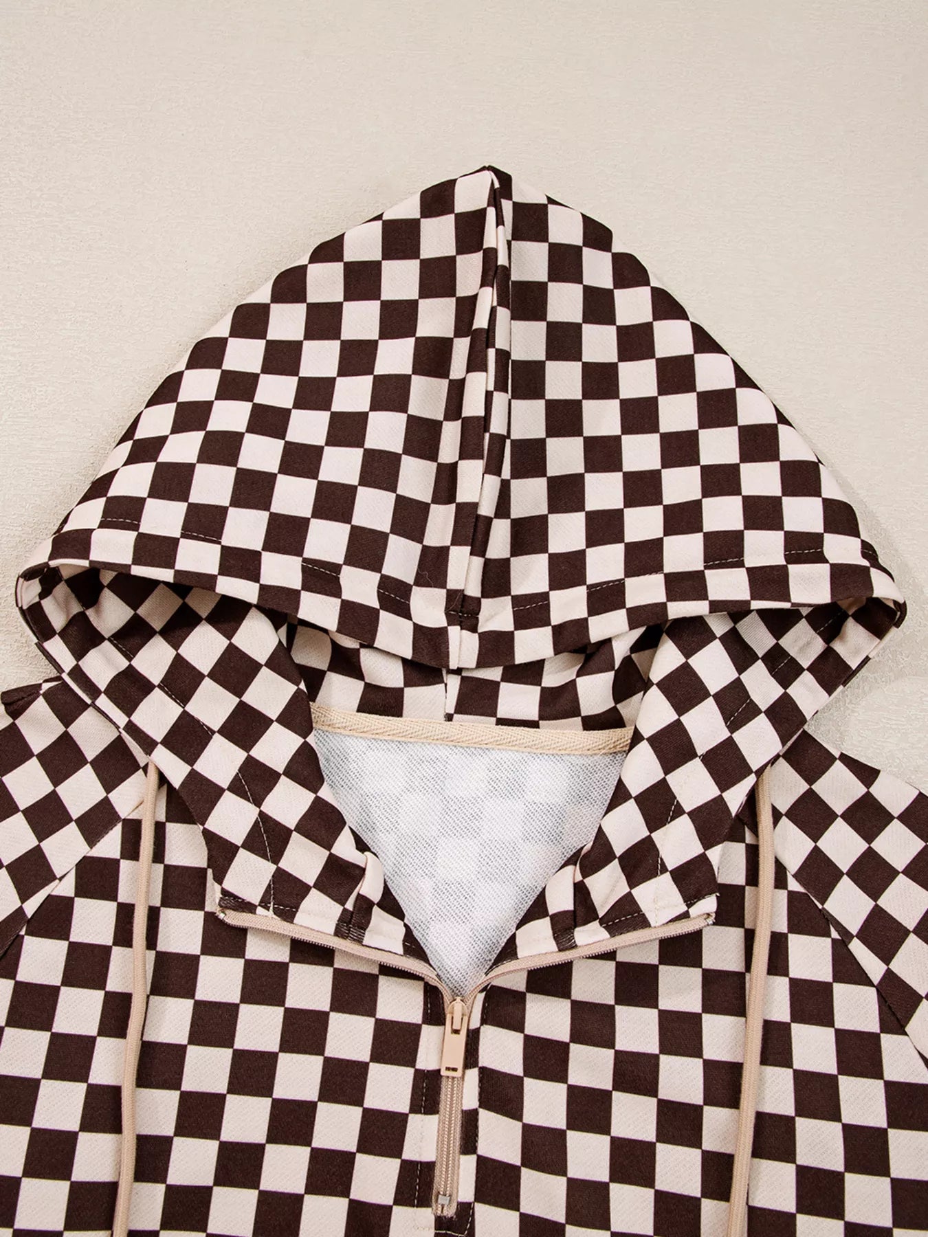 Checkered Drawstring Hoodie and Pants Set Trendsi