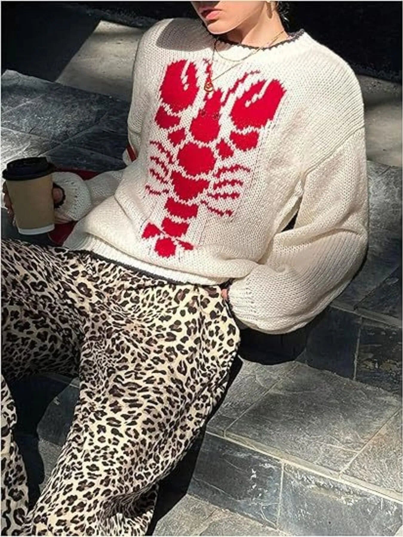 Full Size Lobster Contrast Trim Round Neck Sweater Plus Size Trendsi