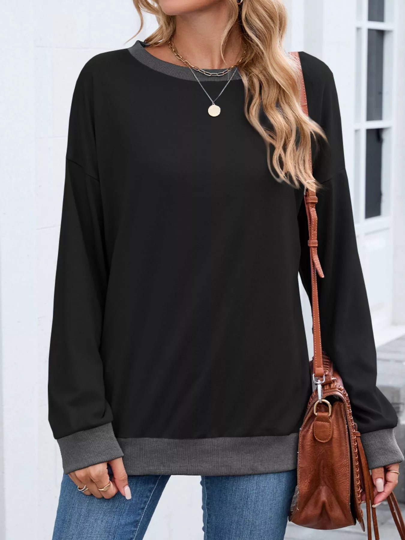 Contrast Trim Long Sleeve Sweatshirt Trendsi