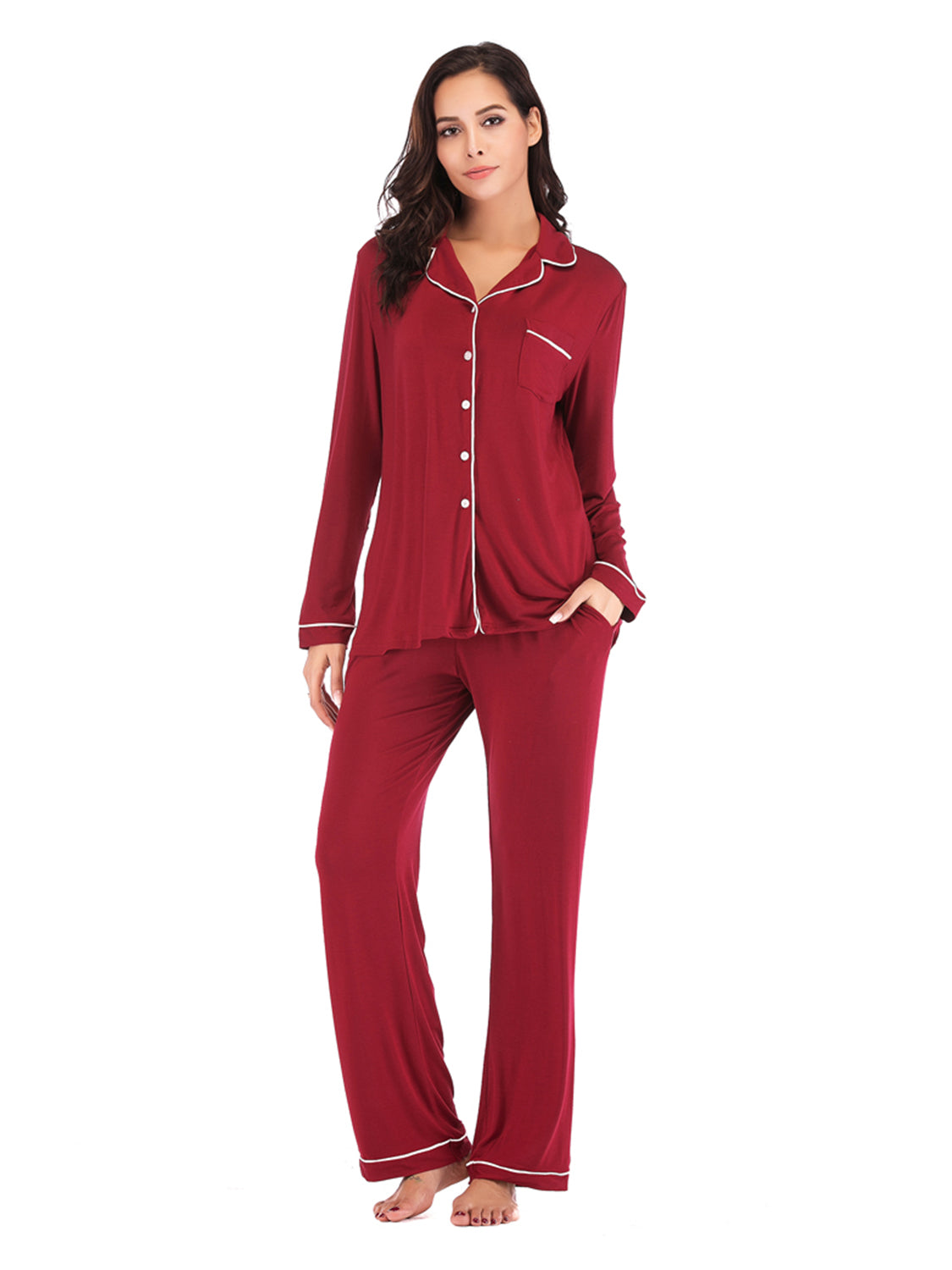 Collared Neck Long Sleeve Loungewear Set with Pockets nicholesgifts