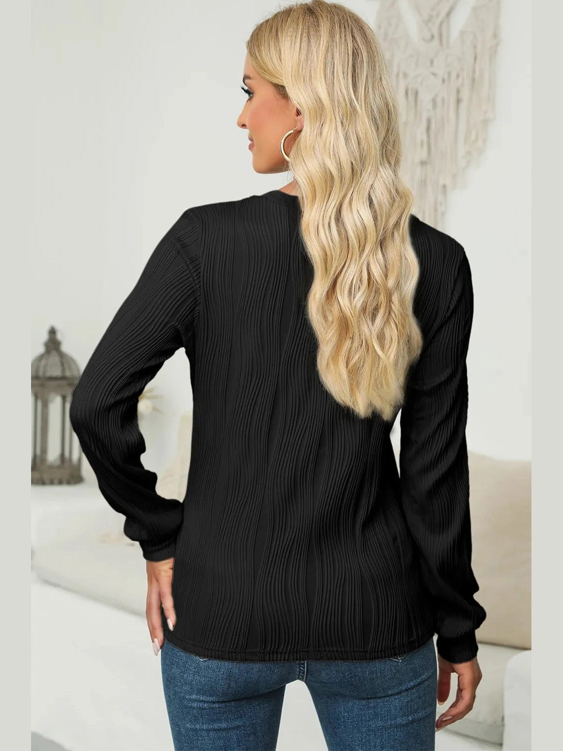 Textured Round Neck Long Sleeve Blouse NicholesGifts