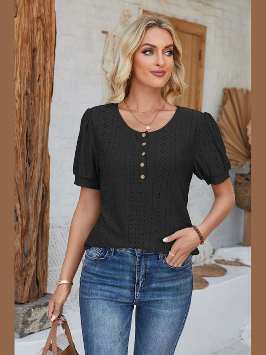 Eyelet Round Neck Short Sleeve Blouse NicholesGifts