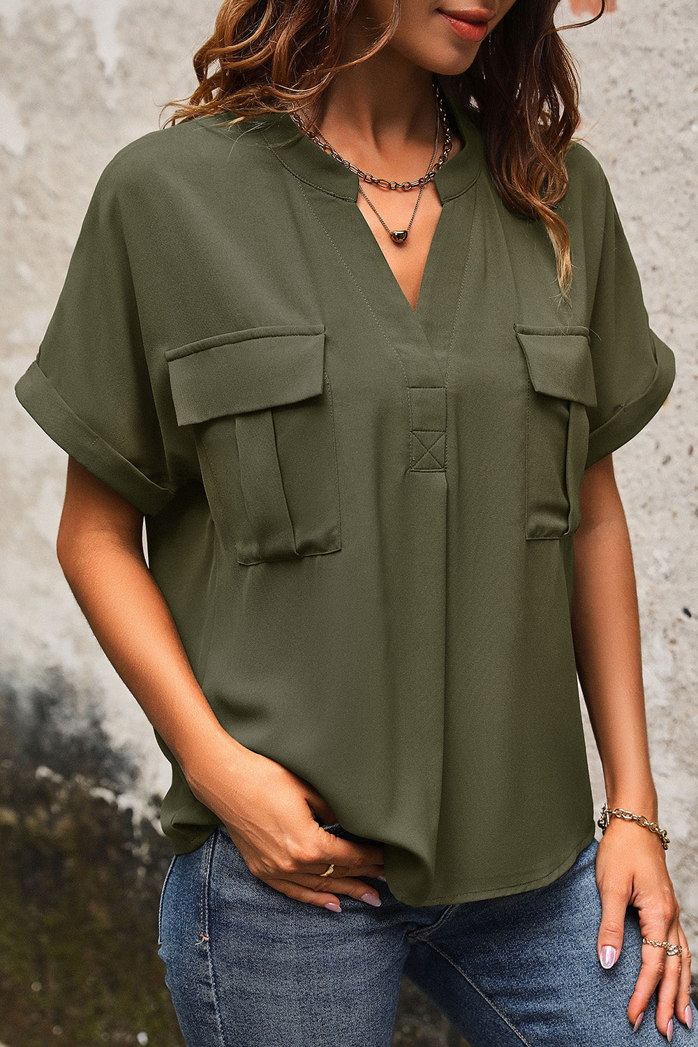 Pocketed Notched Short Sleeve Blouse nicholesgifts