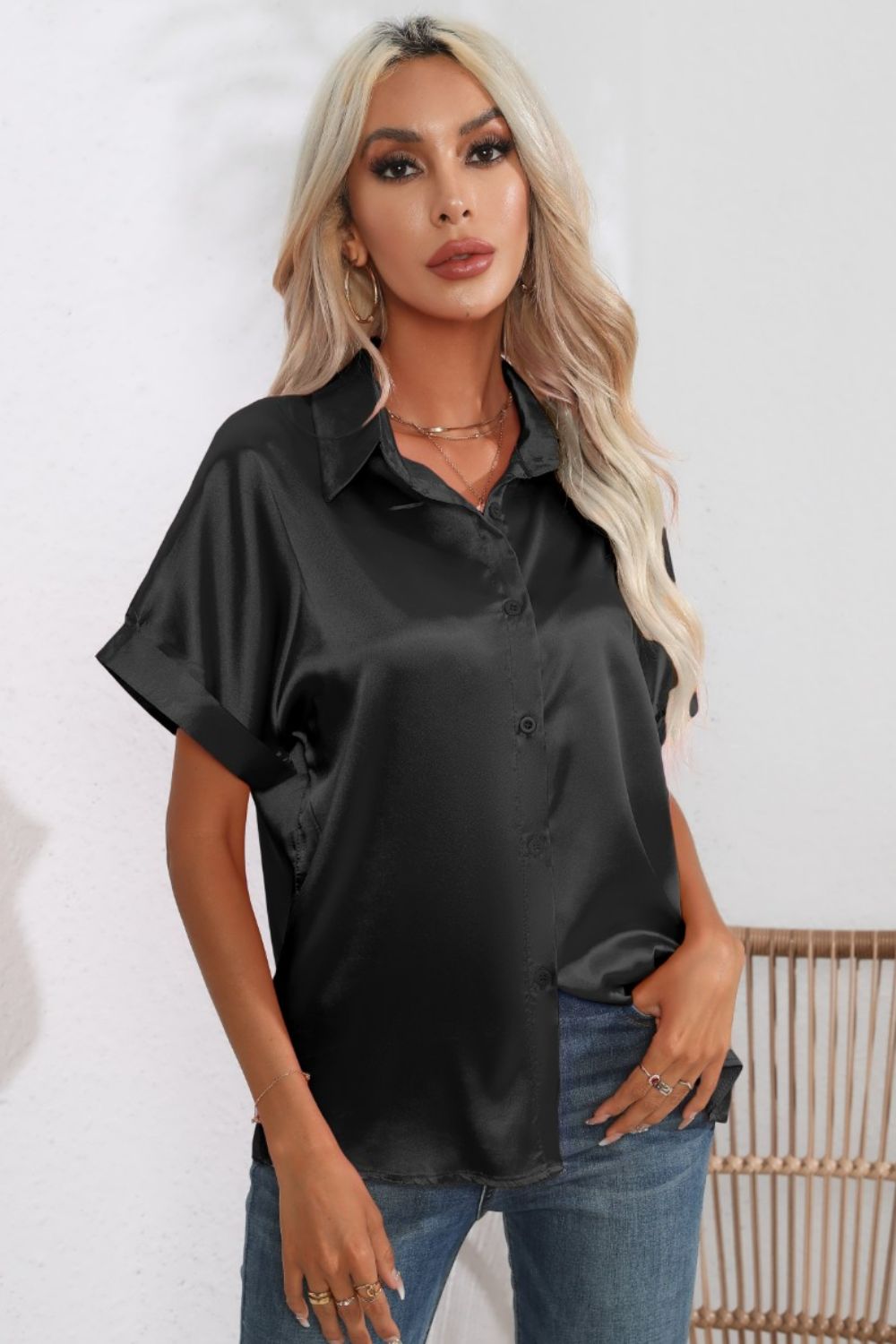 Women Collared Neck Short Sleeve Shirt nicholesgifts