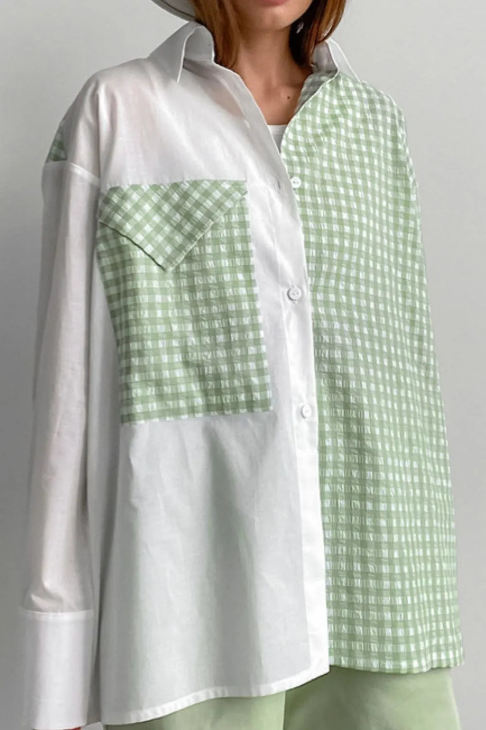 Two-Tone Plaid Button Down Long Sleeve Shirt Trendsi