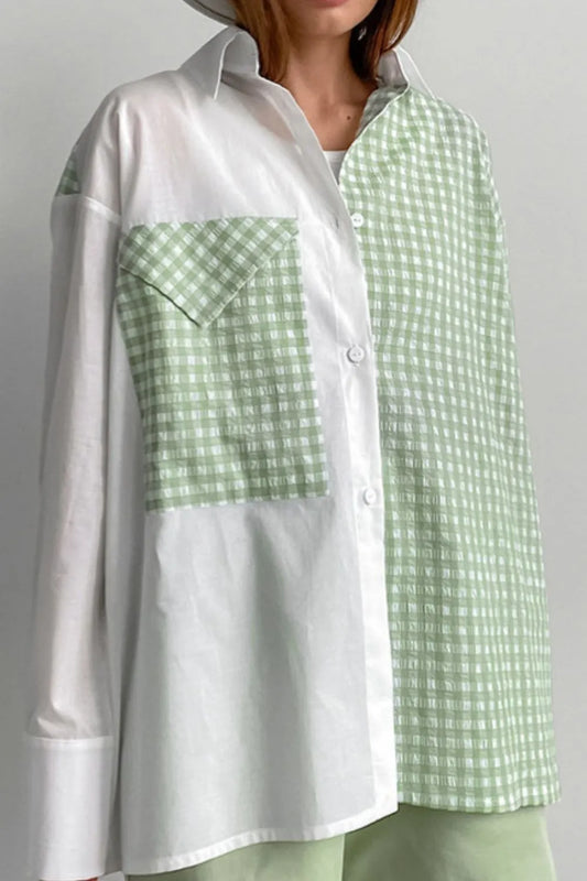 Two-Tone Plaid Button Down Long Sleeve Shirt Trendsi