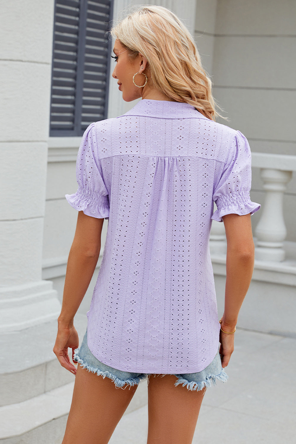 Eyelet Johnny Collar Short Sleeve Blouse nicholesgifts