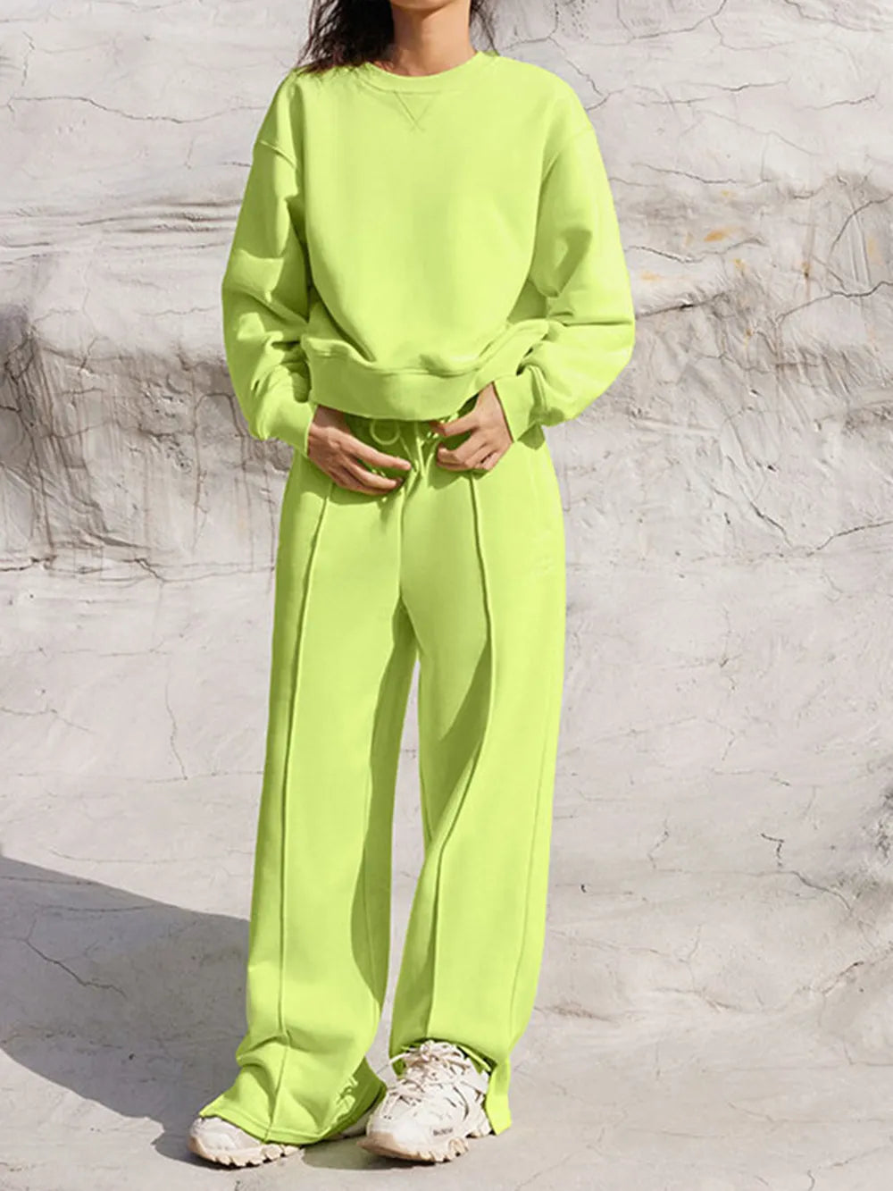 Round Neck Long Sleeve Top and Elastic Waist Pants Set nicholesgifts