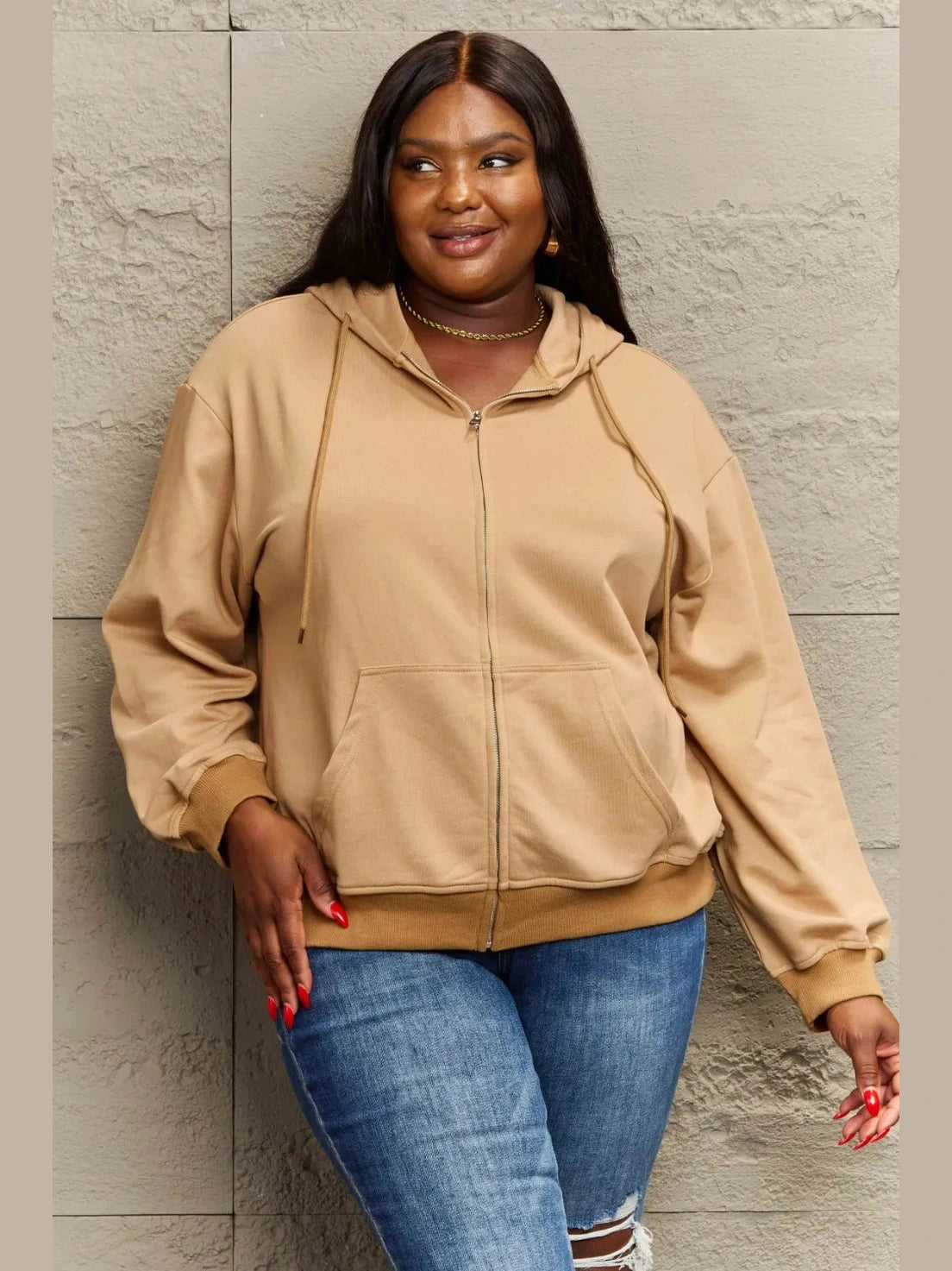 Full Size Zip Up Long Sleeve Hooded Jacket
