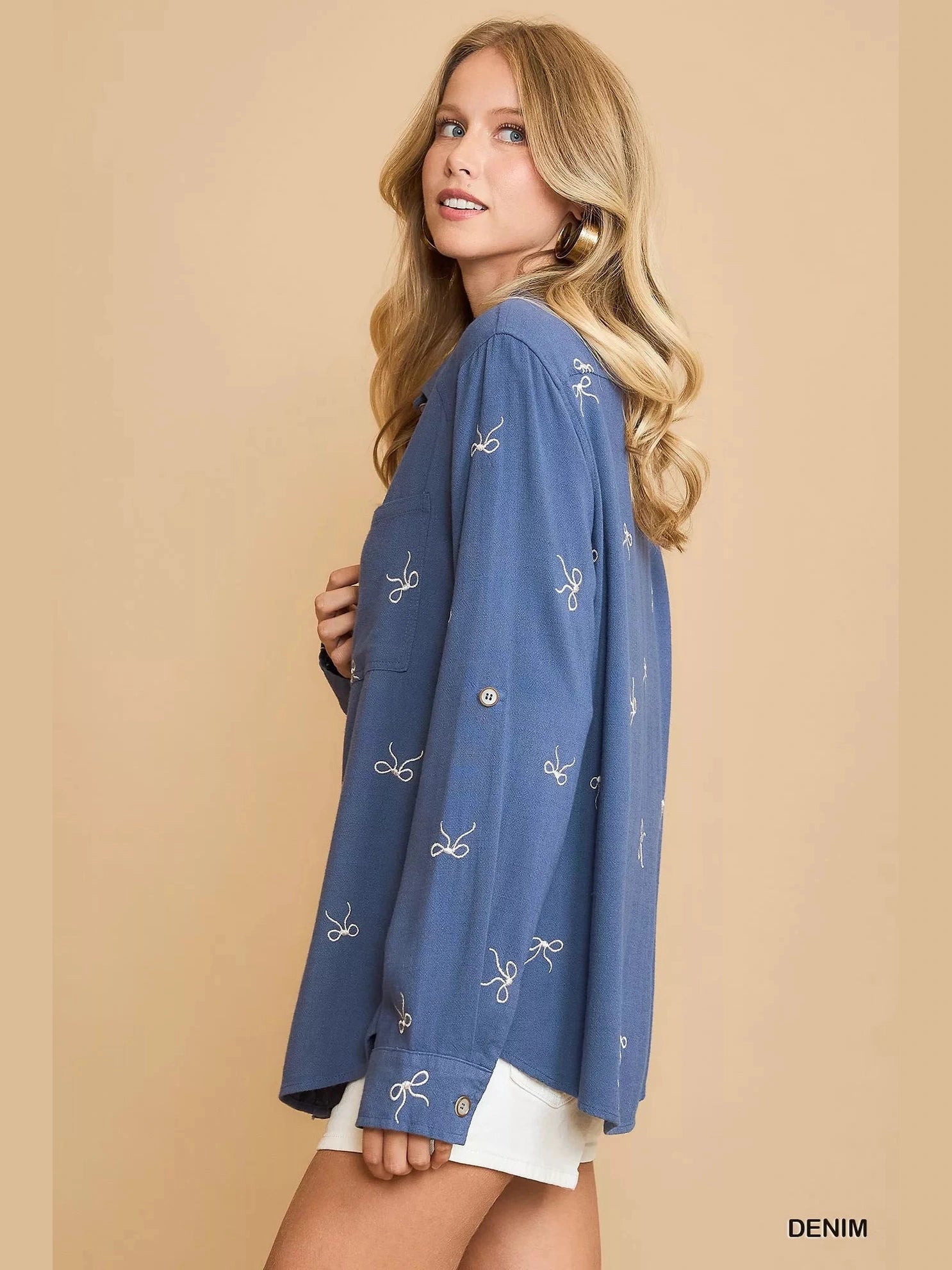 Women Umgee Linen Blend Fitted Long Sleeve Shirt with Ribbon Embroidery Details NicholesGifts
