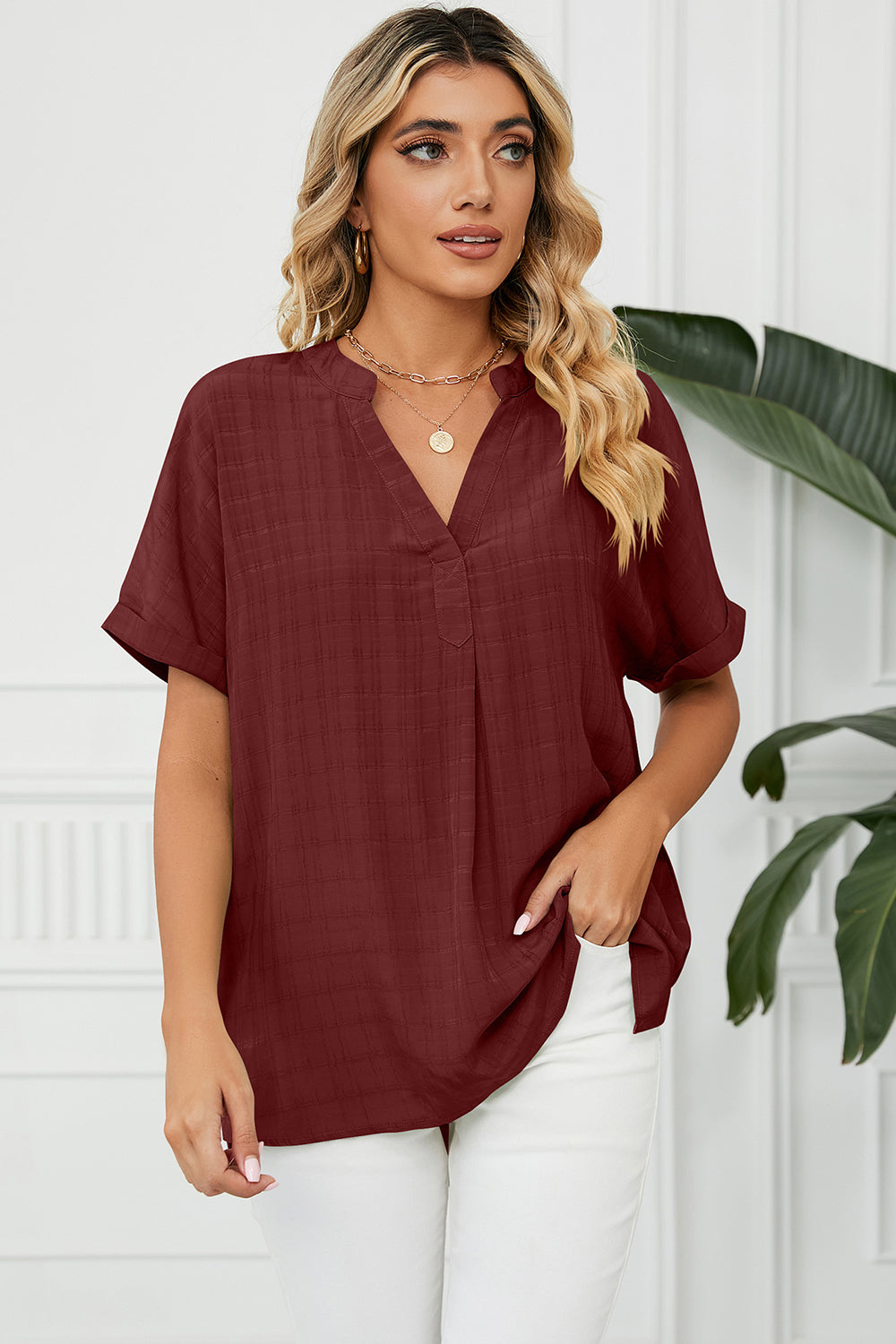 Women Ruched Notched Short Sleeve Blouse nicholesgifts