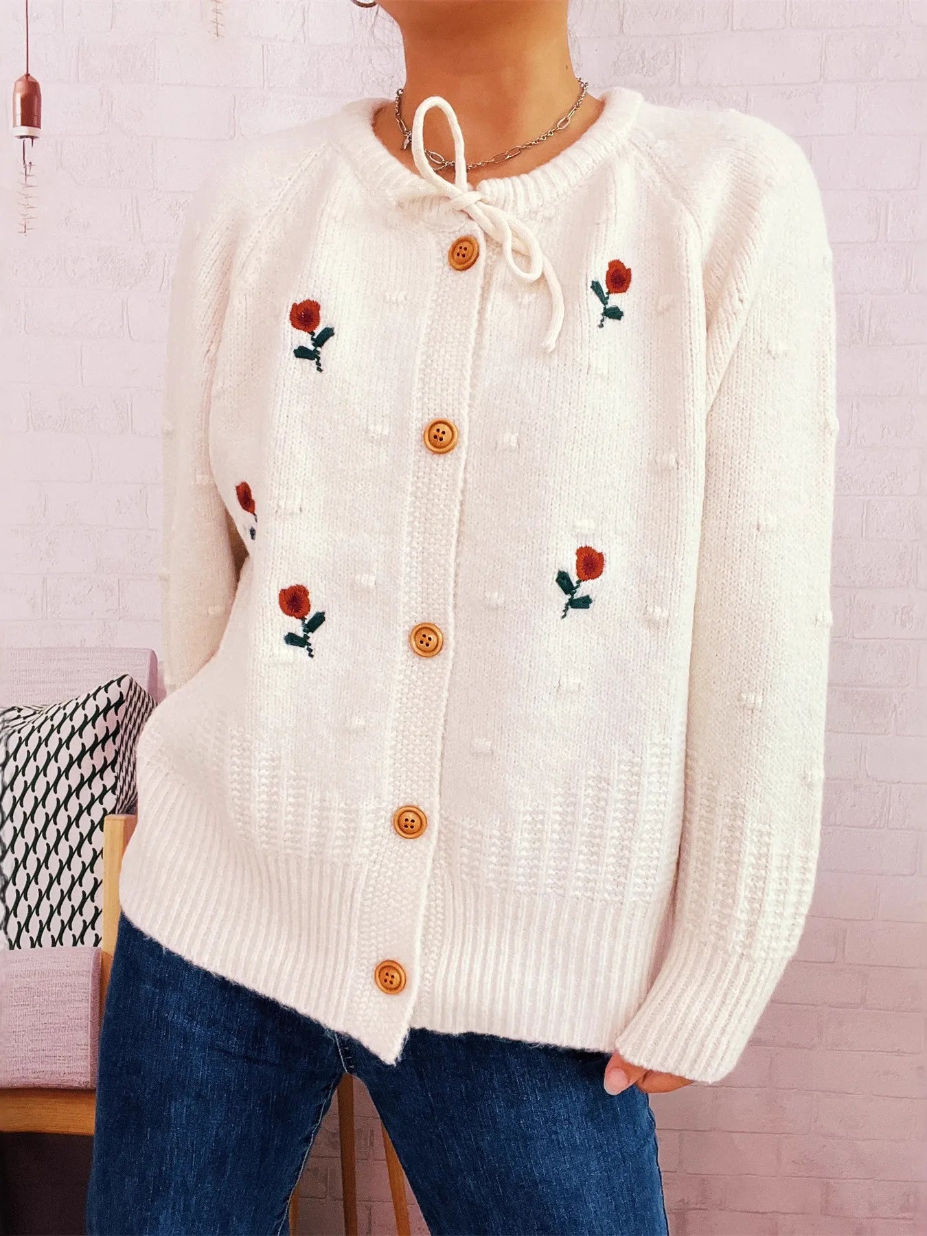 Rose Embroidered Button-Up Cardigan