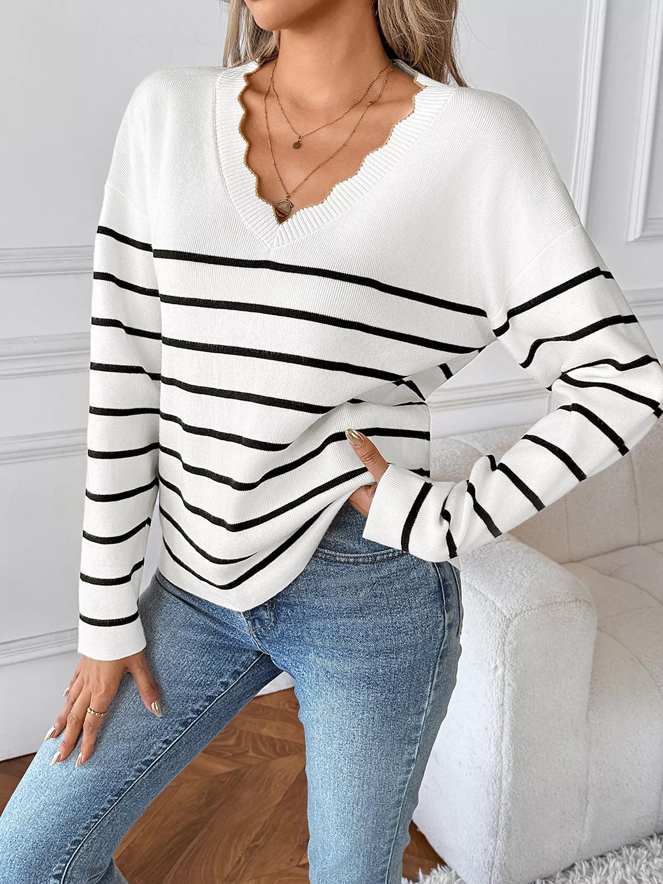 Striped V-Neck Long Sleeve Sweater