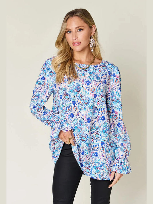 Double Take Full Size Printed Flounce Sleeve Blouse