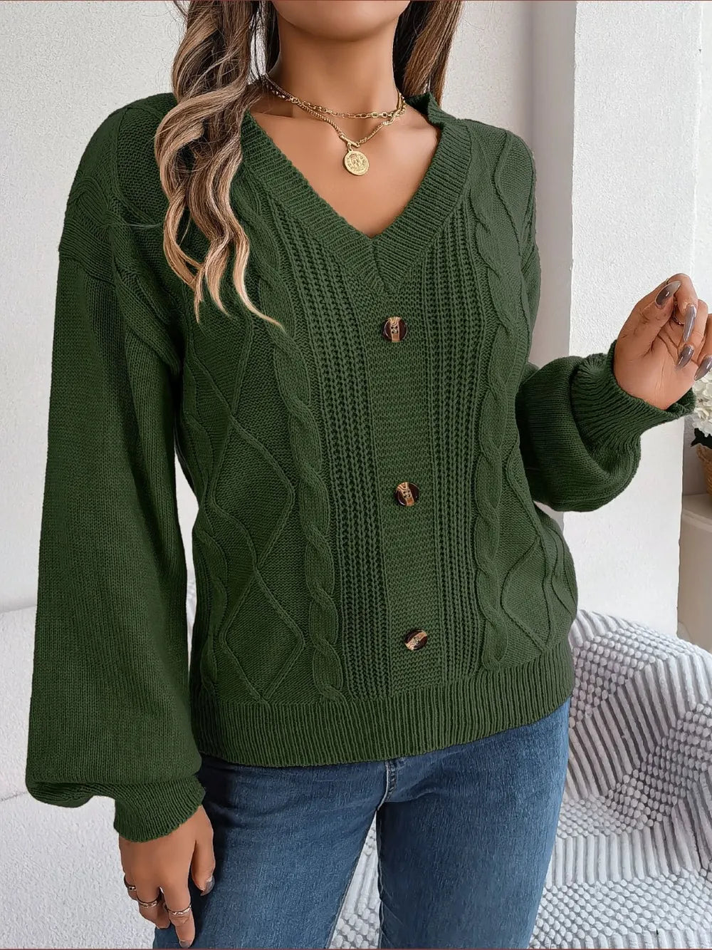 Cable-Knit Buttoned V-Neck Sweater Trendsi