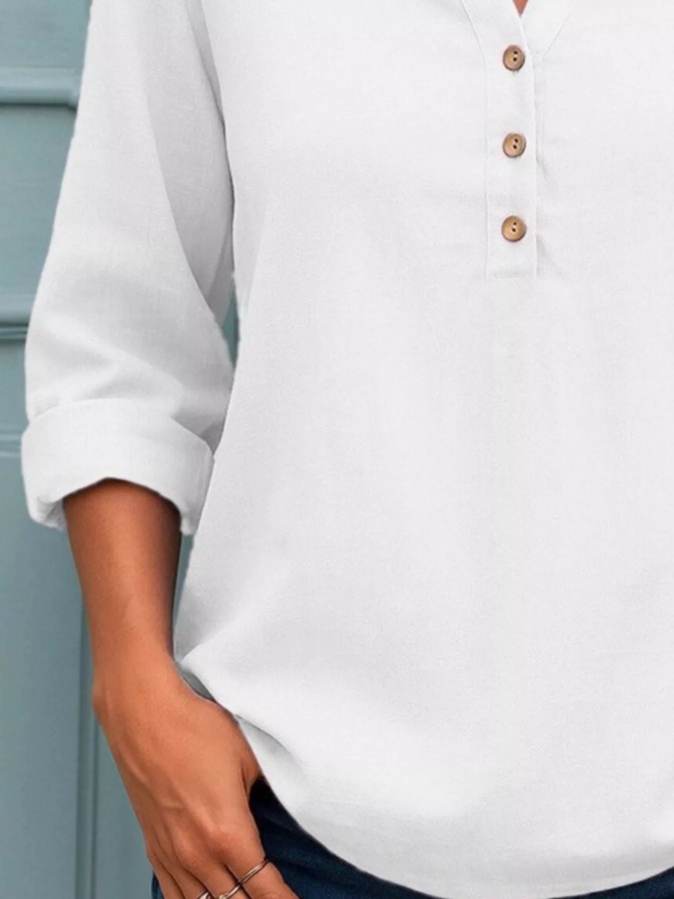 Full Size Button Detail Notched Long Sleeve Blouse Plus Size Trendsi