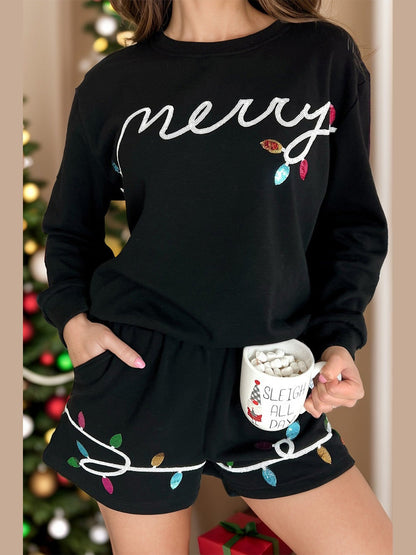MERRY Sequin Round Neck Long Sleeve Top and Shorts Set nicholesgifts