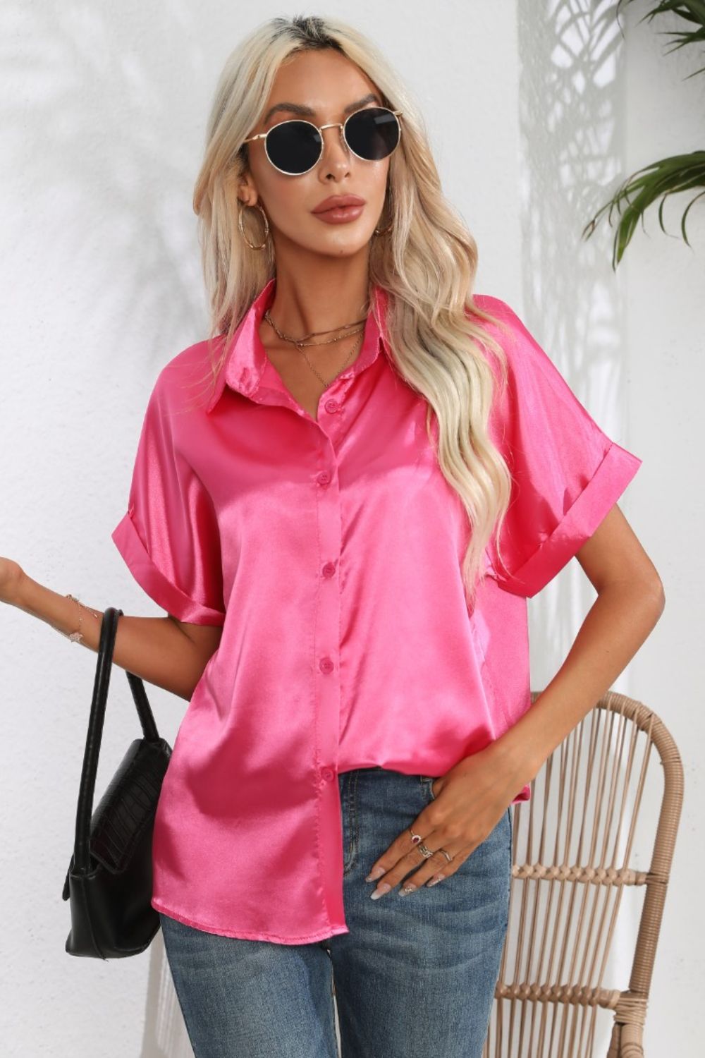 Women Collared Neck Short Sleeve Shirt nicholesgifts