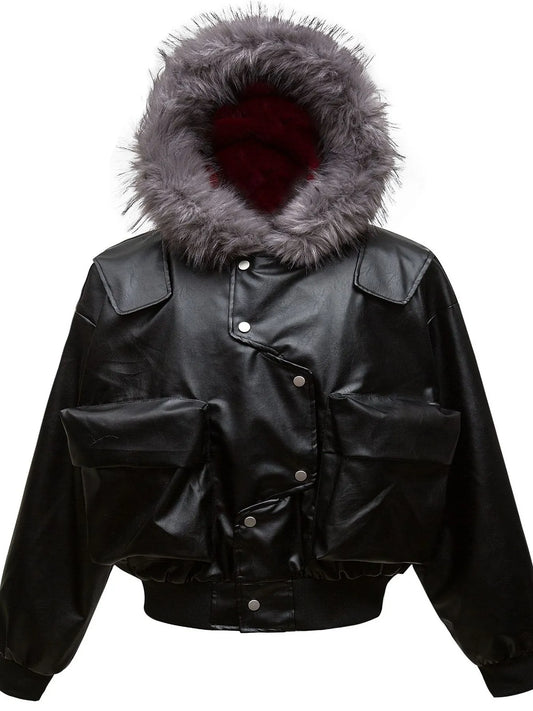 Men's Leather Bomber Jacket with Faux Fur Hood Trendsi