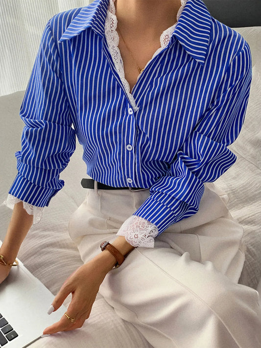 Striped Button-Down Shirt with Lace Detail NicholesGifts