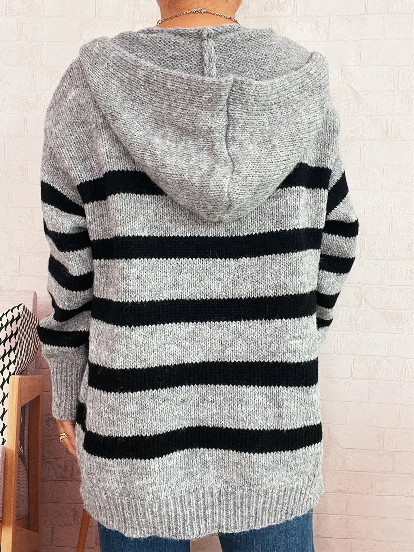 Striped Button-Up Hooded Cardigan