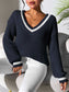 Contrast Trim V-Neck Long Sleeve Sweater nicholesgifts