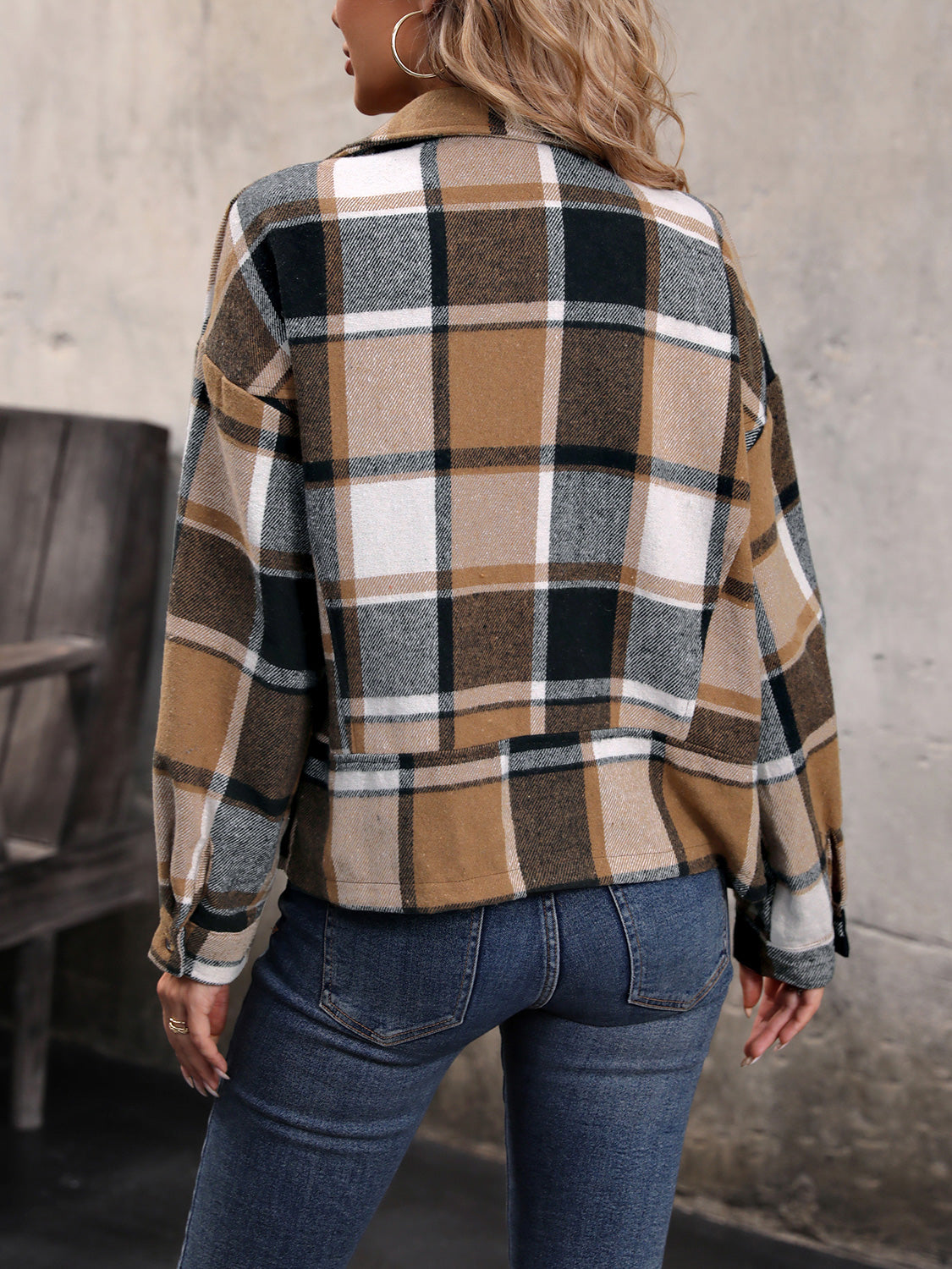 Perfee Plaid Collared Neck Long Sleeve Jacket nicholesgifts