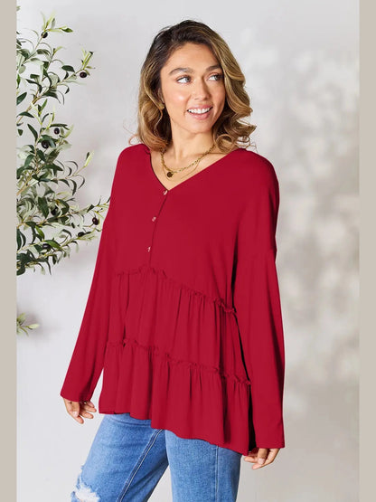 Double Take Half Button Long Sleeve Ruffle Hem Blouse nicholesgifts