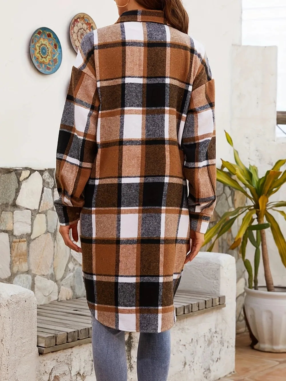 Plaid Collared Neck Long Sleeve Jacket NicholesGifts