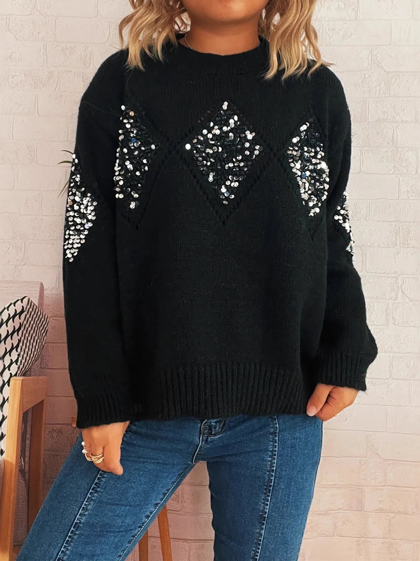 Sequined Diamond Pattern Oversized Sweater Trendsi