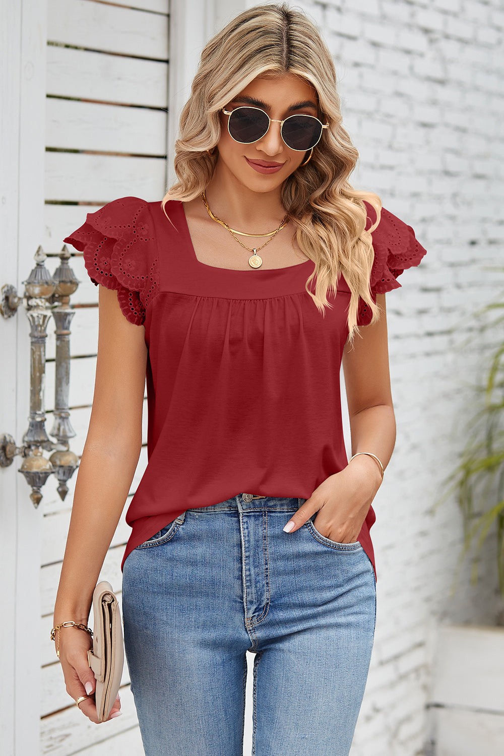 Eyelet Square Neck Cap Sleeve Blouse nicholesgifts