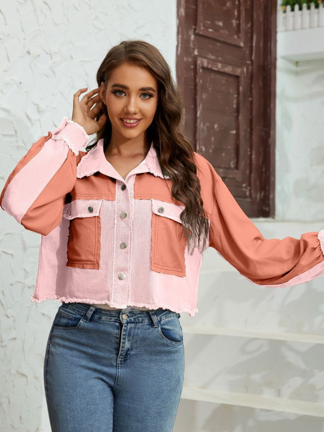 Color Block Crop Jacket with Pockets nicholesgifts