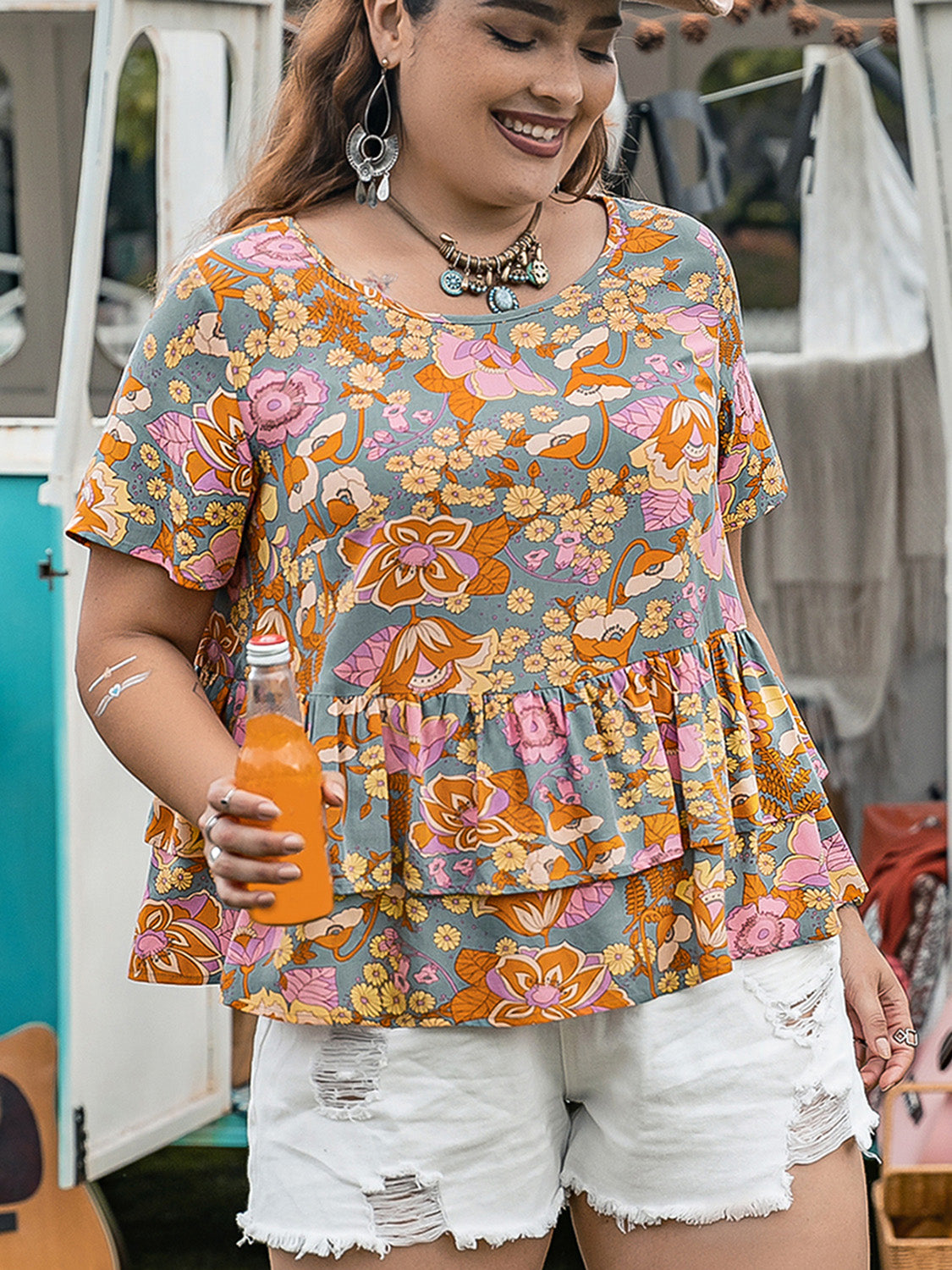 Plus Size Layered Printed Round Neck Short Sleeve Blouse nicholesgifts