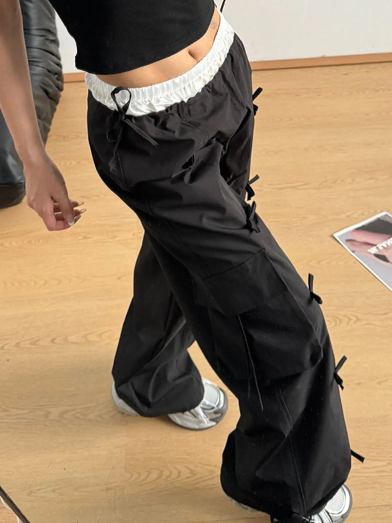 Women Bow Elastic Waist Cargo Pants nicholesgifts