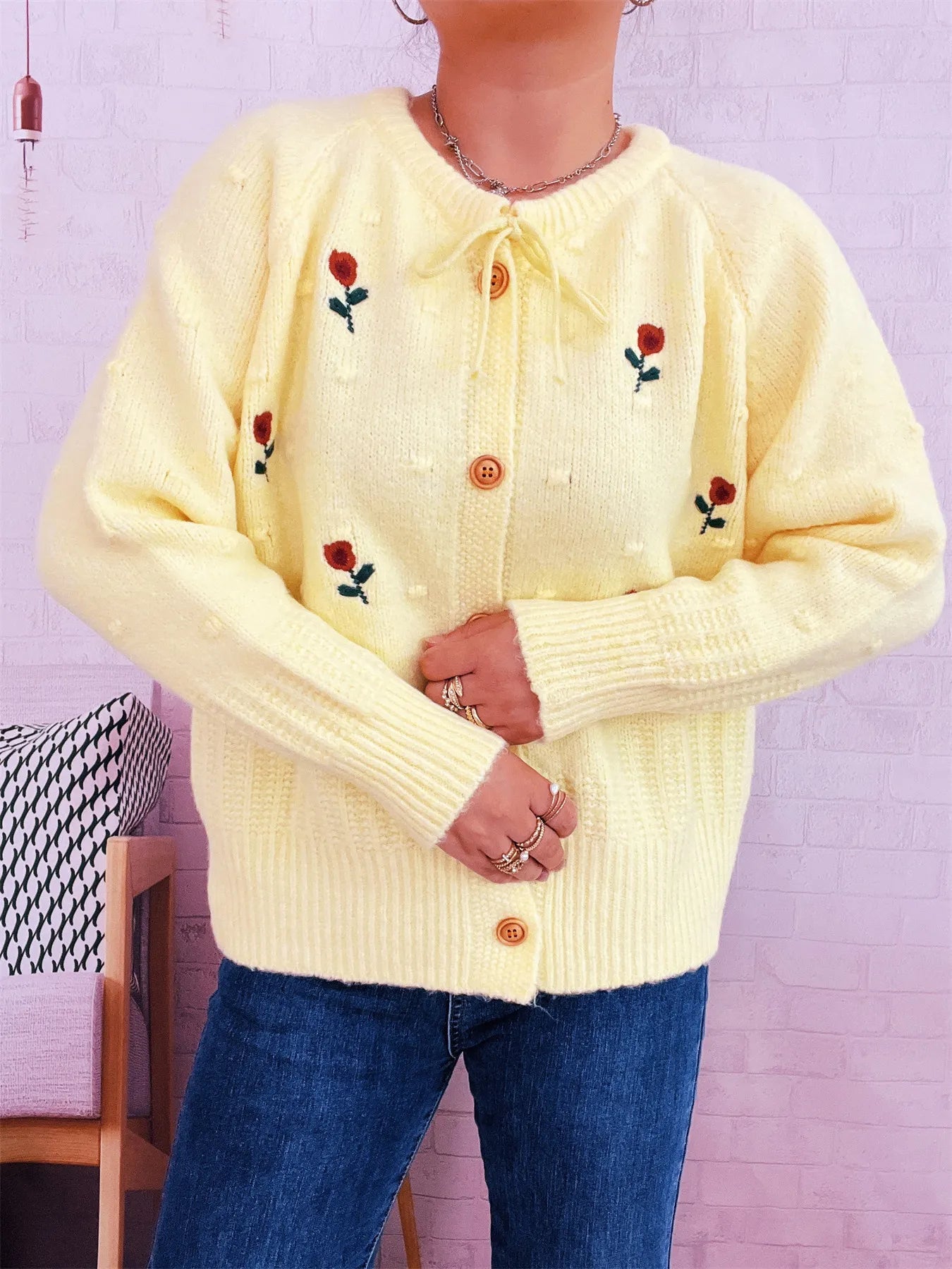 Rose Embroidered Button-Up Cardigan