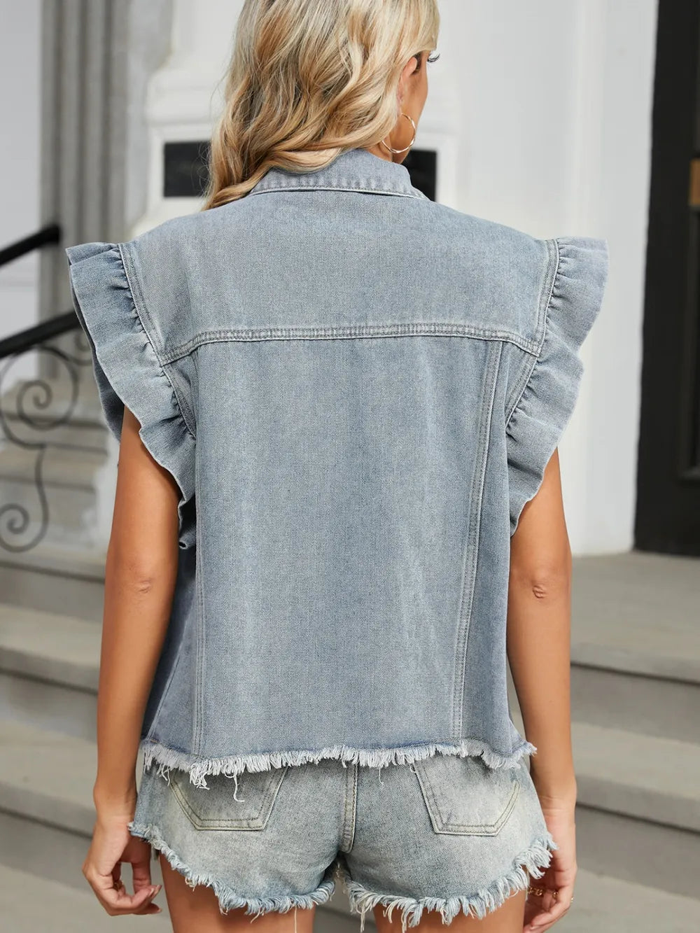 Raw Hem Cap Sleeve Denim Jacket nicholesgifts