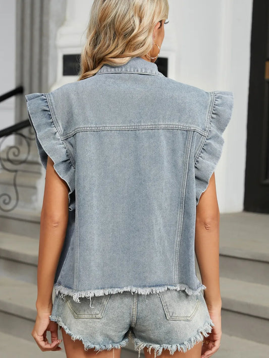 Raw Hem Cap Sleeve Denim Jacket nicholesgifts